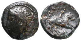 Kings of Macedon, Philip II (359-336 BC). Æ Unit (18mm, 5.89g). Uncertain Macedonian mint. Diademed head of Apollo l.; H behind. R/ Youth on horseback...