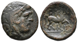Kings of Macedon, Kassander (305-298 BC). Æ (18mm, 3.97g). Head of Herakles r., wearing lion skin. R/ Rider on horseback r., raising r. hand in salute...