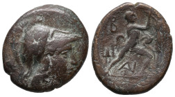 Kings of Macedon, Antigonos II Gonatas (277/6-239 BC). Æ (14.5mm, 0.58g). Uncertain Macedonian mint. Helmeted head of Athena r. R/ Pan standing r., er...