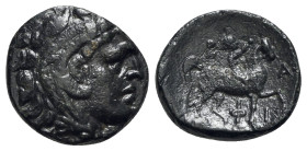 Kings of Macedon, Philip V (221-179 BC). Æ (17mm, 3.64g, 6h). Uncertain Macedonian mint. Head of Herakles r., wearing lion skin. R/ Rider on horseback...
