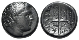Kings of Macedon, time of Philip V and Perseus, 187-168 BC. Æ (20mm, 8.93g, 12h). Wreathed head of the river god Strymon to r. R/ Ornamented trident h...