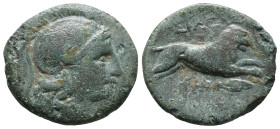 Kings of Thrace, Lysimachos (305-281 BC). Æ Unit (18mm, 4.29g). Lysimacheia mint. Helmeted head of Athena r. R/ Lion leaping r.; monogram and spearhea...