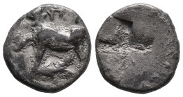 Thrace, Byzantion, c. 387/6-340 BC. AR Half Siglos (13mm, 2.44g). Bull standing l. on dolphin l. R/ Quadripartite incuse square. Schönert-Geiss, Byzan...