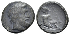 Thessaly, Kierion. Circa 400-360 BC. Chalkous (Bronze, 14mm, 2.59g, 3h). Obv. Head of Zeus to right, wearing tainia. Rev. KIERIAION Arne, half-kneelin...