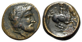 Thessaly, Krannon, c. 400-300 BC. Æ Dichalkon (18mm, 4.92g, 6h). Laureate head of Zeus r. R/ Horseman advancing r.; trident below. BCD Thessaly 117.1;...