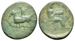 Thessaly, Pelinna. Late 4th-3rd century BC. Chalkous (Bronze, 15mm, 2.20g, 11h). Obv. Thessalian horseman riding to left. Rev. ΠEΛINN-AIΩN Manthos, ve...