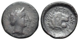 Thessaly, Pherai. Late 4th century BC. Chalkous (Bronze, 16.5mm, 2.75g, 1h). Obv. Laureate head of Ennodia to right; flaming torch before. Rev. ΦΕΡΑΙΟ...