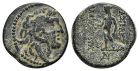 Seleukid Kings, Alexander I Balas (152-145 BC). Æ (18mm, 5.24g, 12h). Antioch, c. 150-146 BC. Head of Herakles r., wearing lion-skin. R/ Apollo standi...