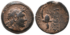 Seleukid Kings, Tryphon (c. 142-138 BC). Æ (18mm, 5.62g). Antioch on the Orontes. Diademed head r. R/ Spiked Macedonian helmet with cheek guards, ador...