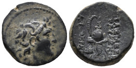 Seleukid Kings, Tryphon (c. 142-138 BC). Æ (18mm, 5.43g). Antioch on the Orontes. Diademed head r. R/ Spiked Macedonian helmet with cheek guards, ador...