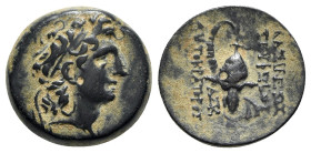 Seleukid Kings, Tryphon (c. 142-138 BC). Æ (18mm, 5.69g, 12h). Uncertain mint in Northern Syria. Diademed head r. R/ Spiked Macedonian helmet adorned ...