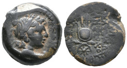 Seleukid Kings, Antiochos VII (138-129 BC). Æ (16mm, 4.94g). ntioch, year 177 (136/5 BC). Winged bust of Eros r. R/ Isis headdress resting on grain ea...