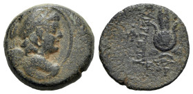 Seleukid Kings, Antiochos VII (138-129 BC). Æ (19mm, 5.22g, 12h). Antioch, year 175 (138/7 BC). Winged bust of Eros r. R/ Isis headdress resting on gr...