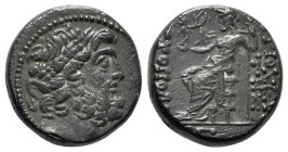 Seleukis and Pieria, Antioch, Civic Issue, 1st century BC. Æ Tetrachalkon (19mm, 8.17g, 12h). Laureate head of Zeus r. R/ Zeus Nikephoros seated l. on...