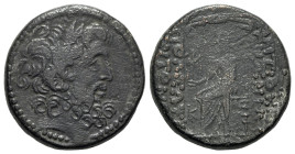 Seleucis and Pieria. Antioch. Pseudo-autonomous issue. Æ Tetrachalkon (26mm, 13.90g, 12h), year 8 ? of the Caesarean Era (42/1 BC). Laureate head of Z...