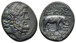 Seleukis and Pieria, Apameia on the Axios, 1st century BC. Æ (23mm, 8.32g, 12h), year 7 of the Pompeian era (58/7 BC). Laureate head of Zeus r. R/ Ele...
