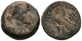 Ptolemaic Kings of Egypt, Kleopatra VII (51-30 BC). Æ Obol (20mm, 7.97g). Alexandria. Diademed and draped bust r. R/ Eagle standing l. on thunderbolt;...