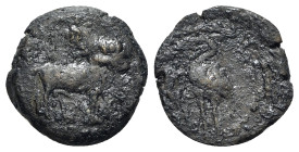 Egypt, Alexandria. Anonymous, 1st century AD. Æ Dichalkon (16mm, 2.06g, 12h), year 2 of an uncertain reign. Ibis standing l.; branch before. R/ Apis b...