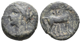 Carthage, c. 400-350 BC. Æ (13mm, 2.65g). Wreathed head of Tanit l. R/ Horse standing r. before palm tree. MAA 18; SNG Copenhagen 109-13. Good Fine