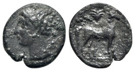 Carthage, c. 400-350 BC. Æ (16mm, 2.72g, 12h). Wreathed head of Tanit l. R/ Horse standing r. before palm tree. MAA 18; SNG Copenhagen 109-19. VF