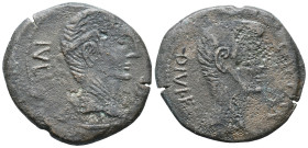 Octavian and Divus Julius Caesar, South Italy, 38 BC. Æ Sestertius (or Dupondius?) (26mm, 9.42g). Bare head of Octavian r. R/ Wreathed head of Divus J...
