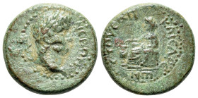 Nero (54-68). Cilicia, Anazarbus. Æ (17mm, 2.90g, 12h), year 86 (67/8). Laureate head r.; c/m: male head r. (?). R/ Boule seated l., dropping voting p...