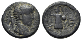 Nero (54-68). Judaea, Ascalon. Æ (20mm, 7.25g, 12h), year 170 (AD 66/7). Laureate head r. R/ Phanebal standing facing, holding harpa and shield with p...