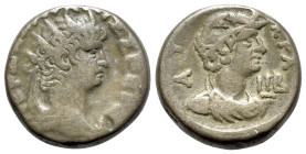 Nero (54-68). Egypt, Alexandria. BI Tetradrachm (23mm, 13.58g, 12h), year 12 (AD 65/6). Radiate bust r., wearing aegis. R/ Draped bust r. of Alexandri...