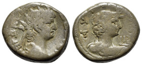 Nero (54-68). Egypt, Alexandria. BI Tetradrachm (24mm, 13.24g, 12h), year 12 (AD 65/6). Radiate bust r., wearing aegis. R/ Draped bust r. of Alexandri...