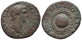 Domitian (81-96). Koinon of Macedon. Æ (22mm, 6.28g). Laureate head r. R/ Macedonian shield. RPC II 336. Near VF