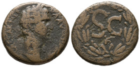 Nerva (96-98). Seleucis and Pieria, Antioch. Æ (29mm, 14.18g, 12h). Laureate head r. R/ SC in laurel wreath; K below. RPC III 3489. Good Fine