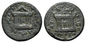 Divus Trajan (Died 117). Mysia, Pergamum. Æ (18mm, 3.52g, 12h). Pollion, strategos. Tetrastyle temple, with pellet in pediment, enclosing facing statu...