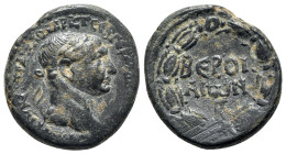 Trajan (98-117). Cyrrhestica, Beroea. Æ (26mm, 12.55g, 12h). Laureate head r. R/ Legend in two lines; Γ (?) below; all within wreath. RPC III 3429. VF...