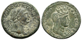 Trajan (98-117). Seleucis and Pieria, Laodicea ad Mare. Æ (27mm, 11.35g, 12h), year 162 (115/6). Laureate head of Trajan r. R/ Turreted, veiled and dr...