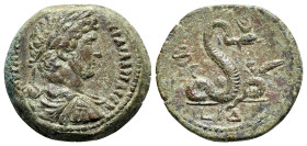 Hadrian (117-138). Egypt, Alexandria. Æ Diobol (24mm, 10.28g, 12h), year 14 (AD 129/30). Laureate, draped and cuirassed bust r., seen from behind. R/ ...