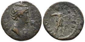 Diva Faustina I (died 140/1). Lydia, Hierocaesarea. Æ (20mm, 4.85g). Draped bust r. R/ Artemis standing r., drawing arrow from quiver at shoulder, hol...