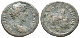 Marcus Aurelius (Caesar, 139-161). Mysia, Cyzicus. Æ (20mm, 6.19g). Bareheaded, draped and cuirassed bust r. R/ Tyche seated l. on rock, holding rudde...