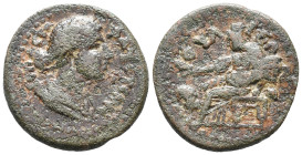 Faustina Junior (Augusta, 147-175). Phrygia, Iulia. Æ (20mm, 5.15g). Draped bust r. R/ Cybele seated l. on throne, holding patera(?) over lion, restin...