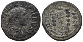 Philip I (244-249). Pisidia, Antioch. Æ (24mm,7.50g). Radiate, draped and cuirassed bust r., seen from behind. R/ Three signa surmounted by eagles. Cf...