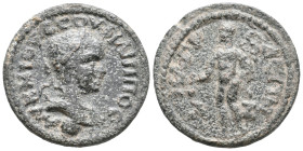 Philip II (247-249). Pamphylia, Magydus. Æ (22mm, 8.29g). Laureate head r.; globe below. R/ Hermes standing l., holding caduceus and purse. RPC VIII o...