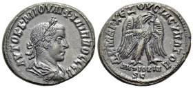 Philip II (247-249). Seleucis and Pieria, Antioch. AR Tetradrachm (26mm, 11.67g, 7h). AD 248-9. Laureate, draped and cuirassed bust r. R/ Eagle standi...