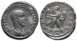 Herennius Etruscus (Caesar, 249-251). Seleucis and Pieria, Antioch. BI Tetradrachm (26mm, 13.39g, 6h). Bareheaded and draped bust r.; three pellets be...