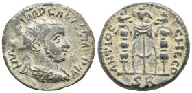 Volusian (251-253). Pisidia, Antioch, Æ (21mm, 6.2g). Radiate, draped and cuirassed bust r. R/ Legionary eagle on vexillum between two standards with ...