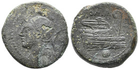 Anonymous, Rome, 217-215 BC. Æ Uncia (22mm, 12.4g). Helmeted head of Roma l.; [pellet to l.]. R/ Prow of galley r.; pellet below. Crawford 38/6. Near ...