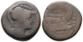 Anonymous, c. 211-208 BC. Æ Triens (25mm, 15.84g), Central Italy/Sicily(?). Helmeted head of Minerva r. R/ Prow of galley r.