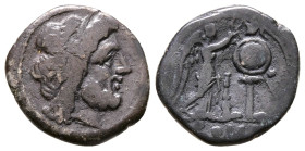 Anonymous, Southeast Italy, Club series, 208 BC. AR Victoriatus (16mm, 2.45g). Laureate head of Jupiter r. R/ Victory standing r., crowning trophy wit...