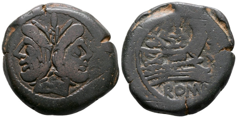 Wolf and twins series(?), Rome, 169-158 BC. Æ As (32mm, 27.52g). Laureate head o...