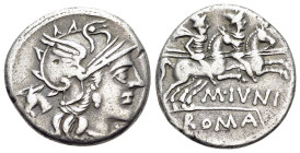 M. Junius Silanus, Rome, 145 BC. AR Denarius (17mm. 3.31g, 9h). Helmeted head of Roma r.; to l., head of ass l.; X (mark of value) to r. R/ Dioscuri r...