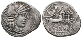Cn. Papirius Carbo, Rome, 121 BC. AR Denarius (20mm, 3.84g). Helmeted head of Roma r. R/ Jupiter driving galloping quadriga r., hurling thunderbolt an...