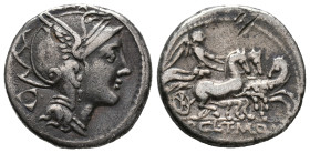 Appius Claudius Pulcher, T. Manlius Mancius and Q. Urbinius, Rome, 111-110 BC. AR Denarius (17mm, 3.84g). Helmeted head of Roma r.; quadrangular devic...